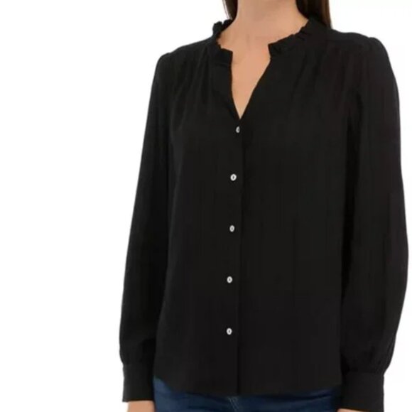 C Wonder Black Silky Button Down with Ruffled Standing Collar - Picture 3 of 11